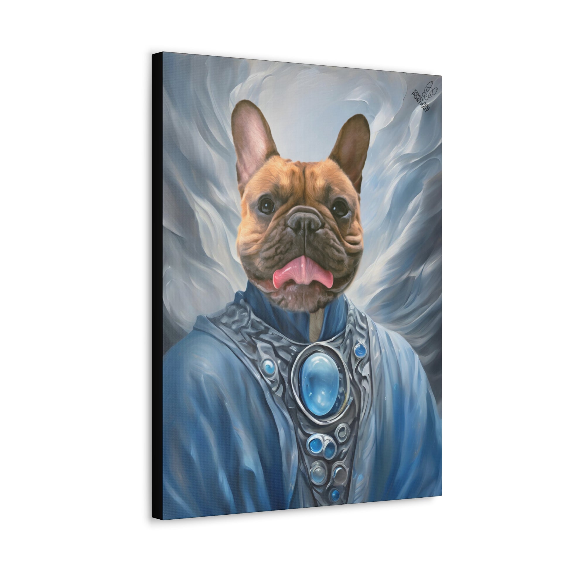 Canvas print of a dog with a fantasy-themed outfit on a white background