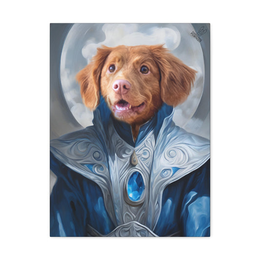 Dog with fantasy armor and glowing blue gemstone on a white background