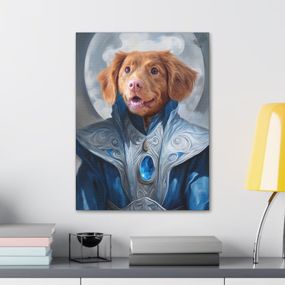 Canvas print of a dog in a fantasy costume on a wall above a desk.