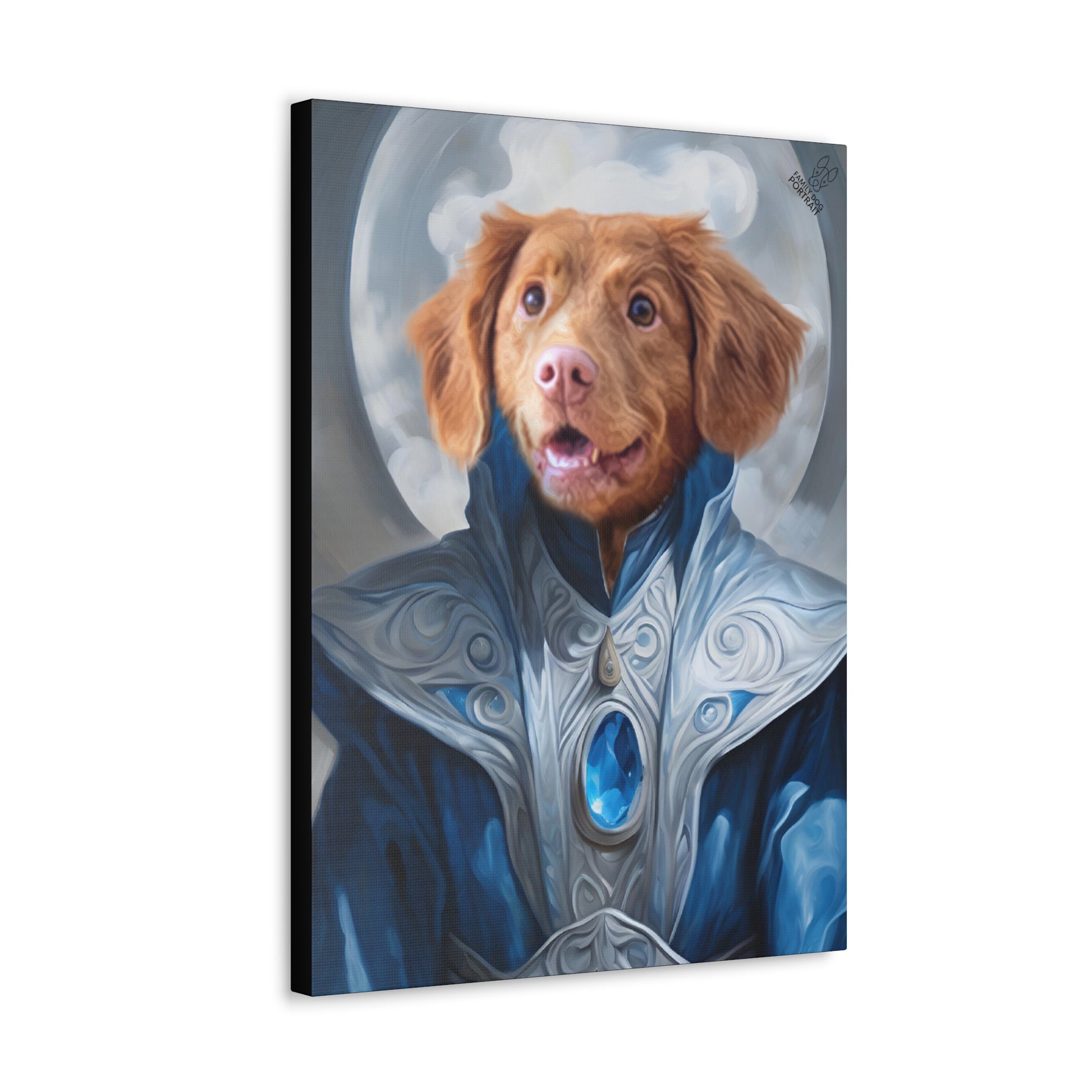 Canvas print of a dog in fantasy armor with a blue gem on a white background