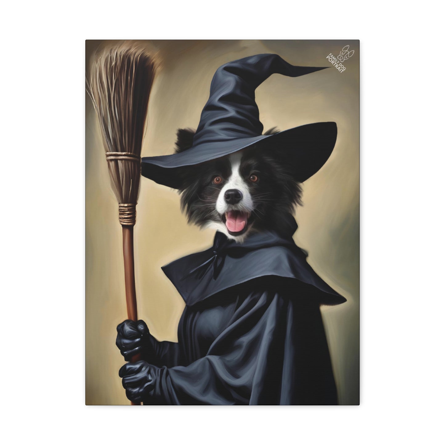 Dog dressed as a witch with a broomstick on a beige background