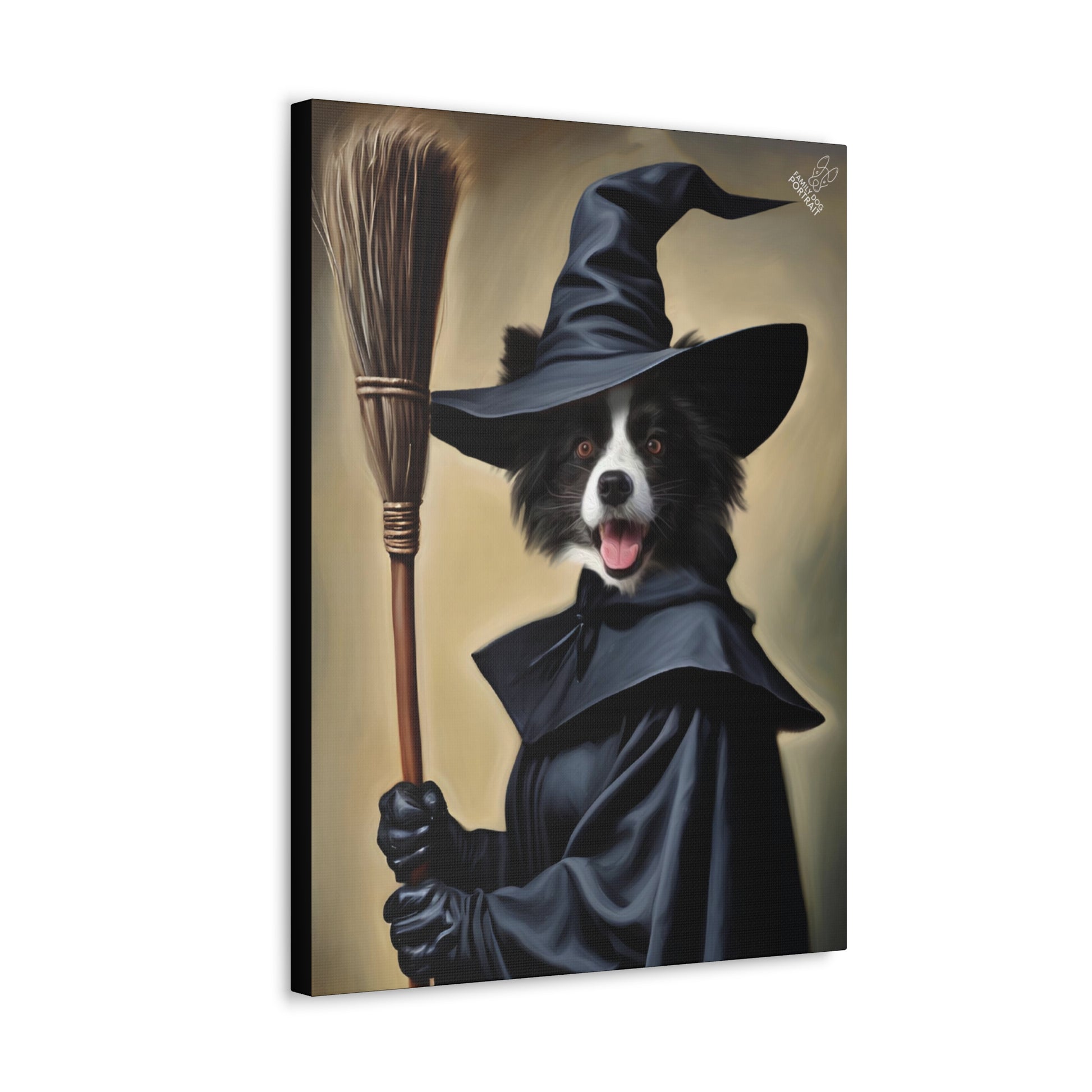 Dog dressed as a witch with a broom on a beige background