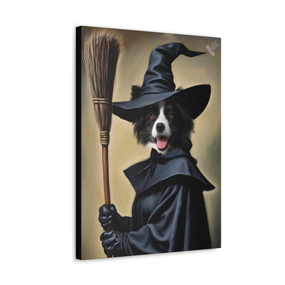 Dog dressed as a witch with a broom on a beige background