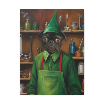 Painting of a dog wearing a green outfit with a chef's hat in a kitchen setting.