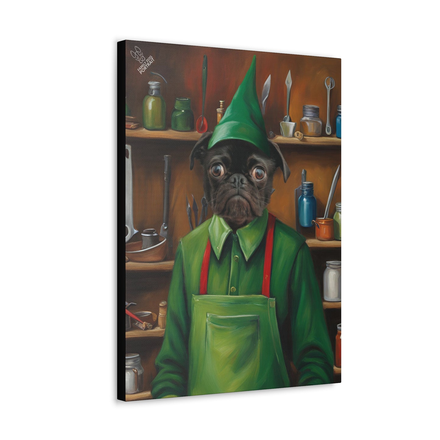 Canvas print of a dog wearing a green apron and hat in a kitchen setting.