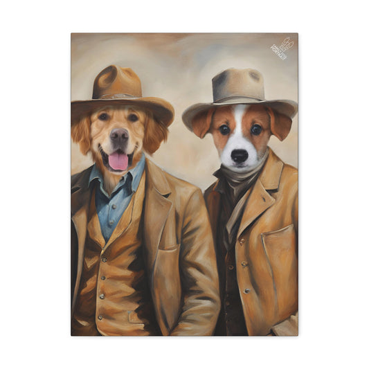 Two dogs wearing hats and coats in a painting style