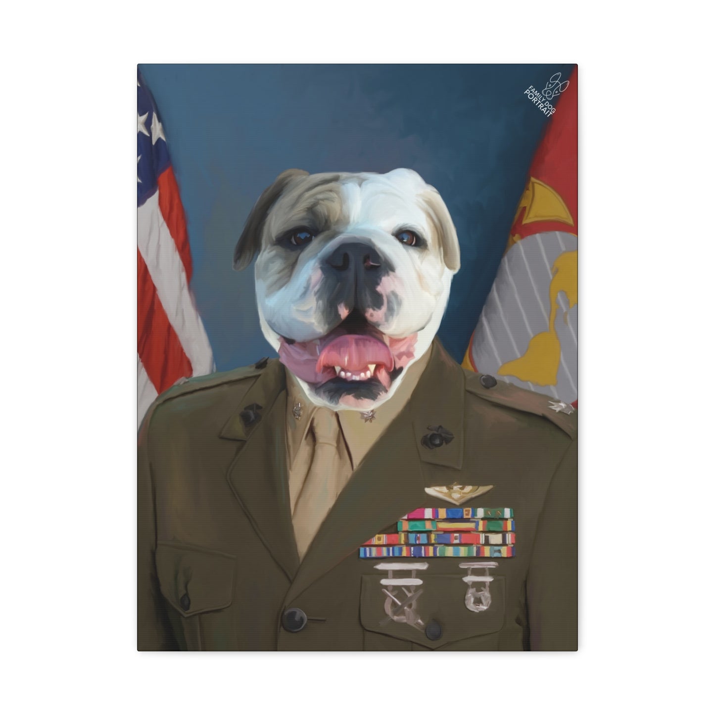 Dog in military uniform with American flag and emblem in the background