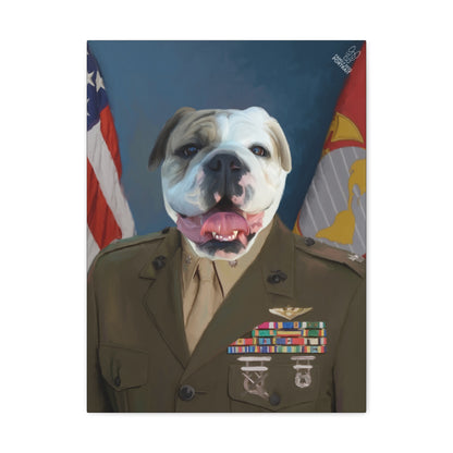 Dog in military uniform with American flag and emblem in the background