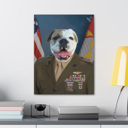 Framed artwork of a dog in military uniform with an American flag in the background