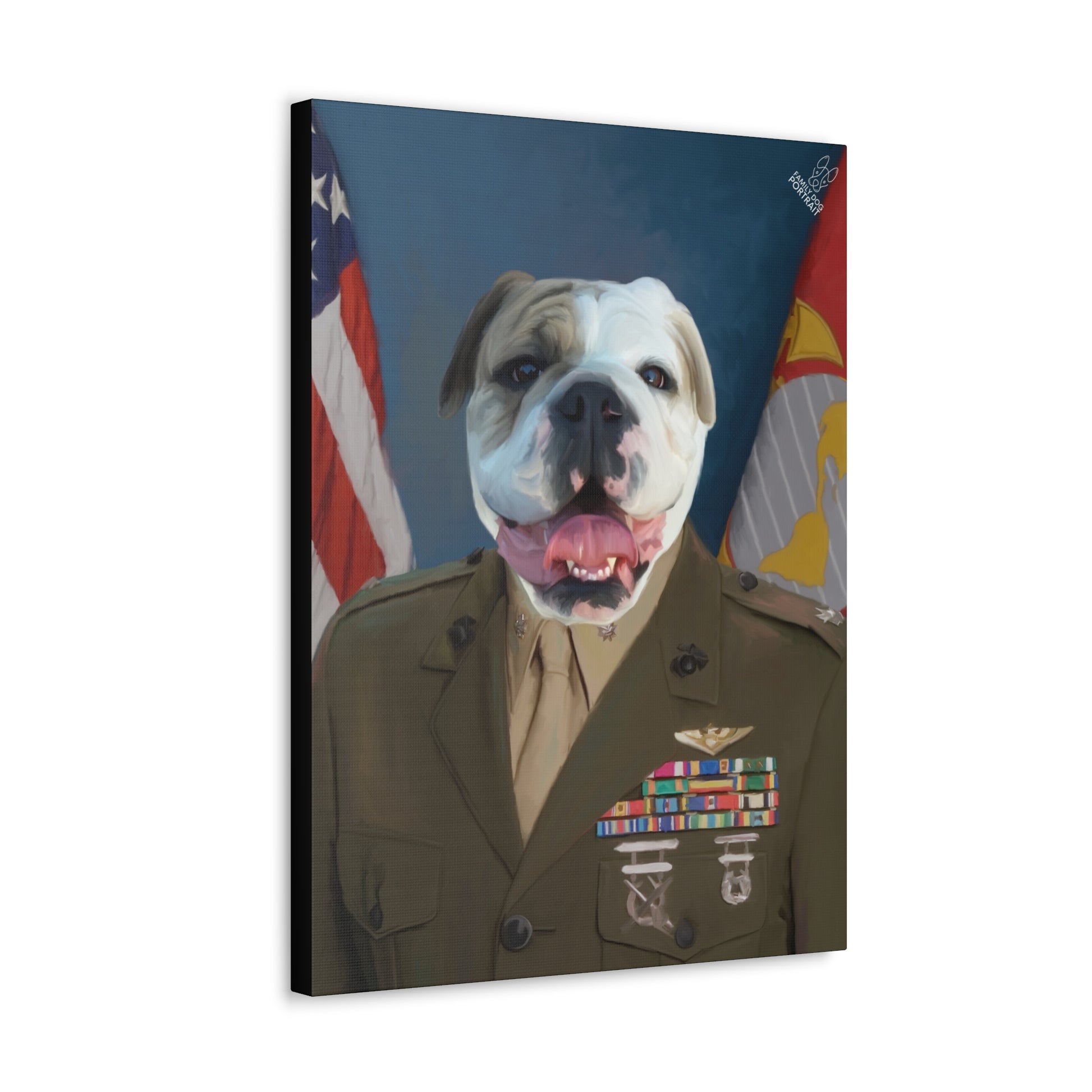 Canvas print of a dog in military uniform with American flag in the background