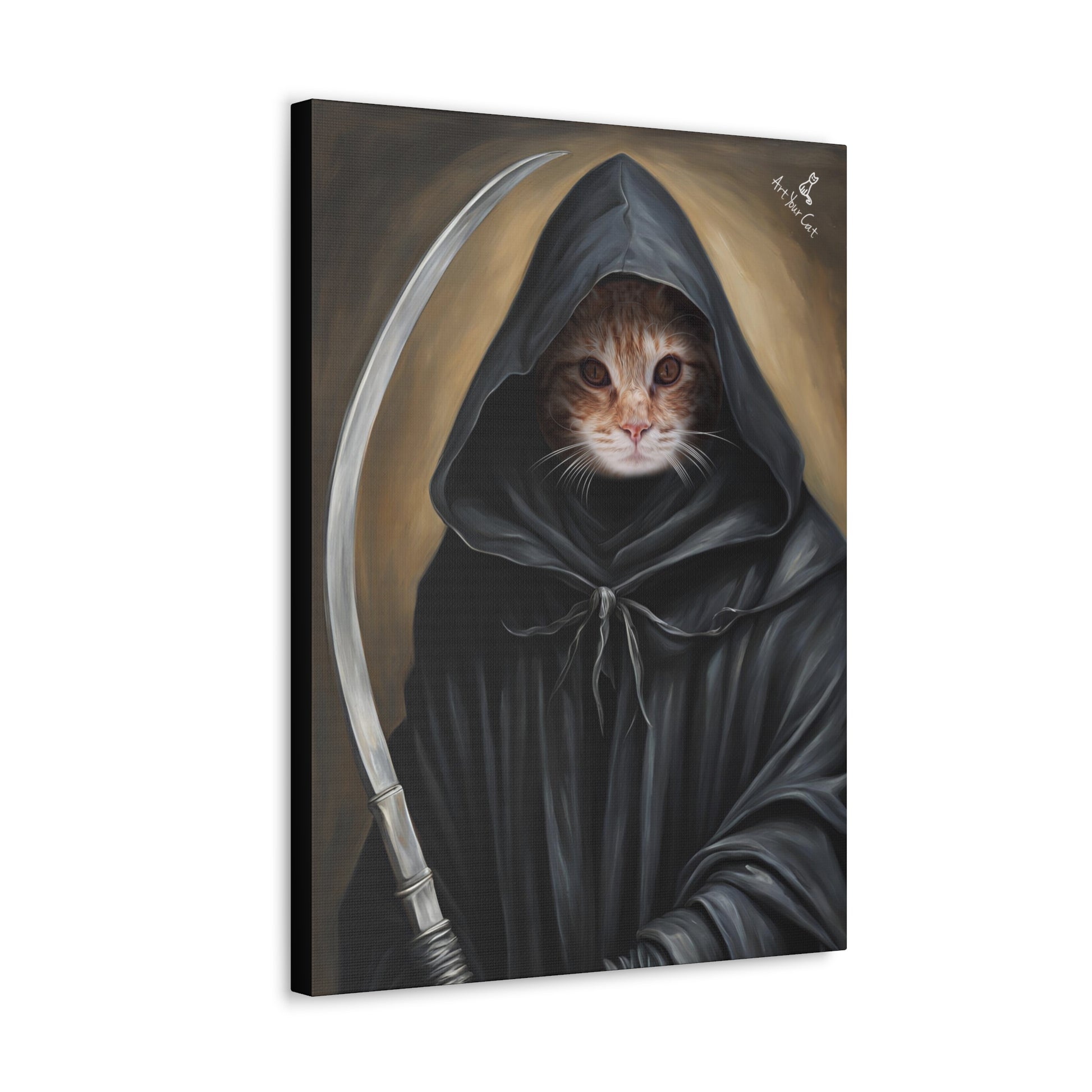 Enigmatic Grim Reaper feline art on high-quality canvas