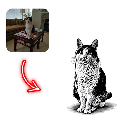 Real-life cat on a couch with an inset of a black and white line drawing of a cat.