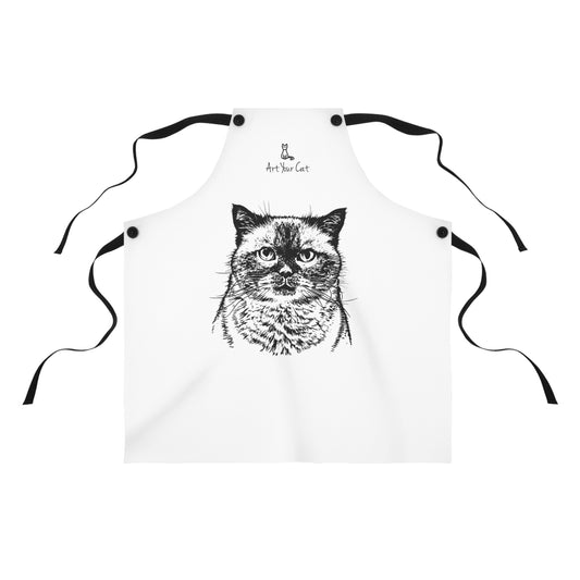 White apron with a black and white cat illustration on a white background