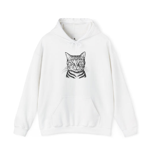 White hoodie with a cat graphic on a white background