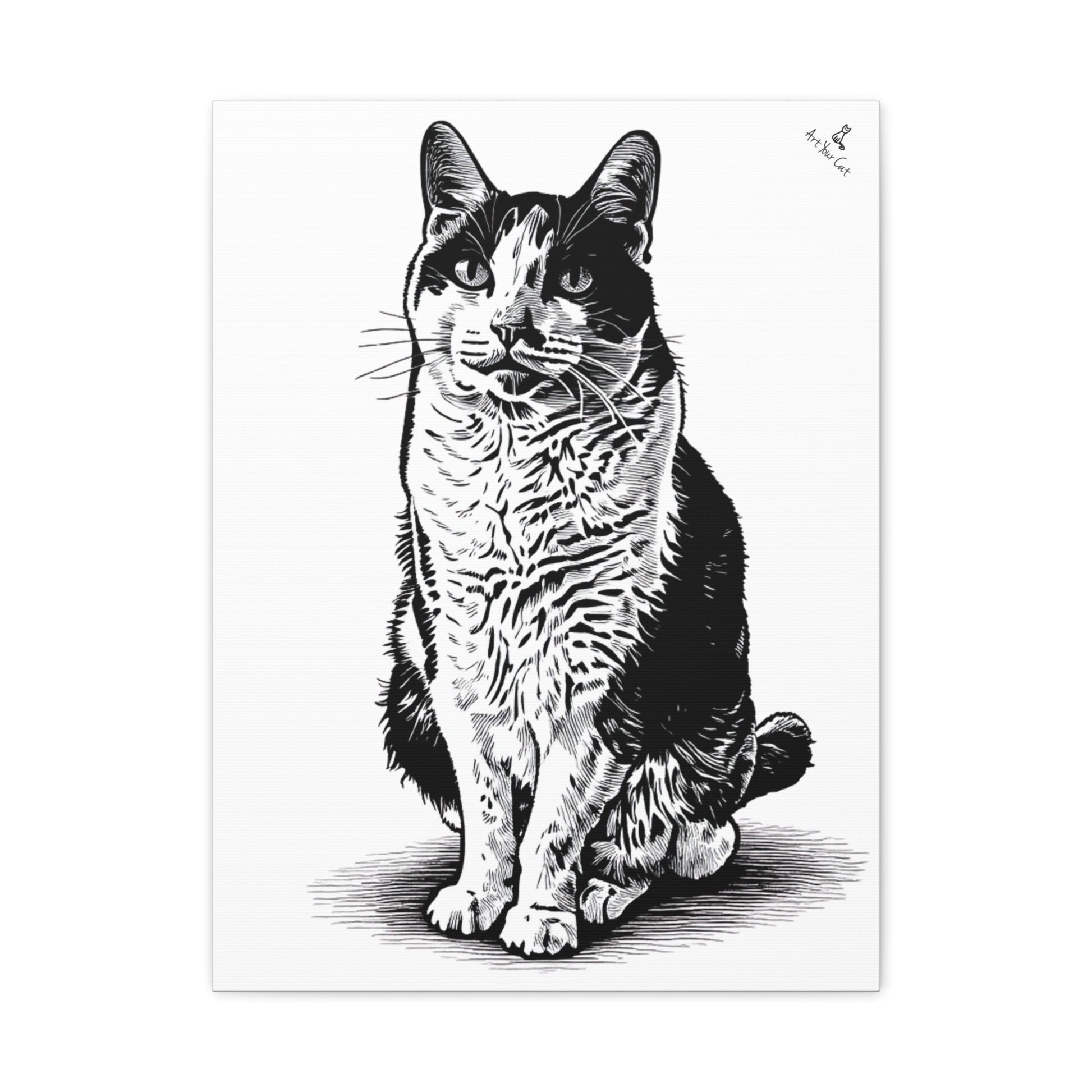 Black and white illustration of a cat on a white background