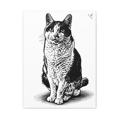 Black and white illustration of a cat on a white background