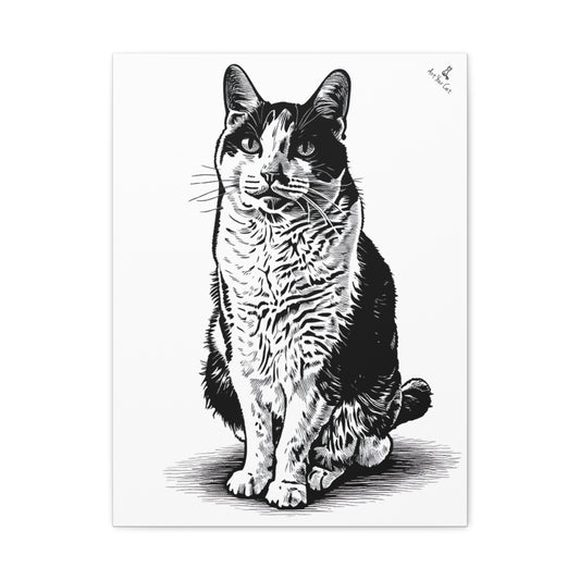 Black and white illustration of a cat on a white background