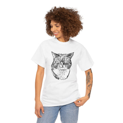 Woman wearing a white t-shirt with a black cat graphic on a white background