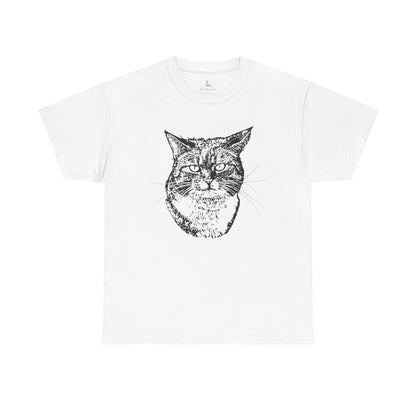 White t-shirt with a black cat graphic on a white background