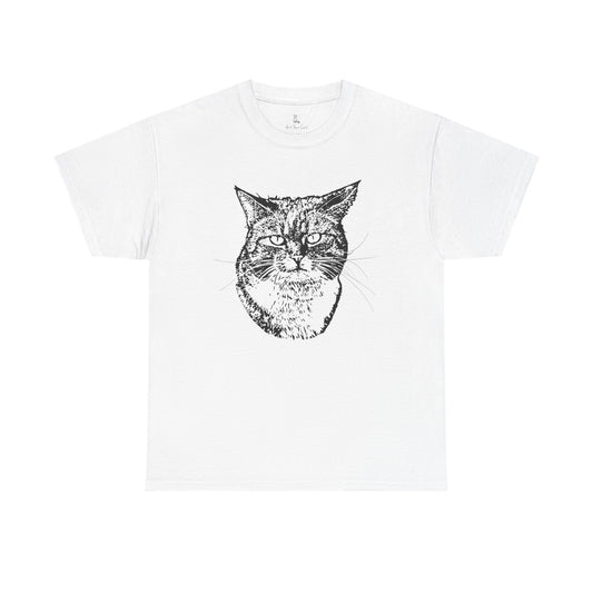 White t-shirt with a black cat graphic on a white background