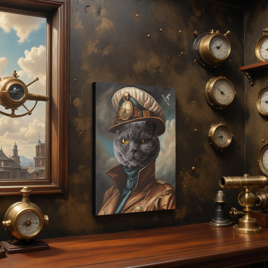 Female Airship Captain Cat Portrait - Custom Feline Sky Commander Art