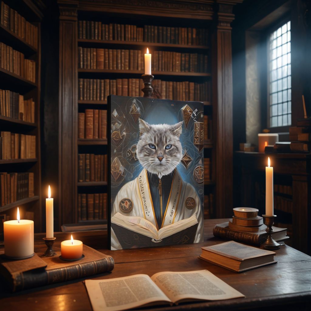 Female Arcane Librarian Cat Portrait - Custom Artwork for Feline Lovers