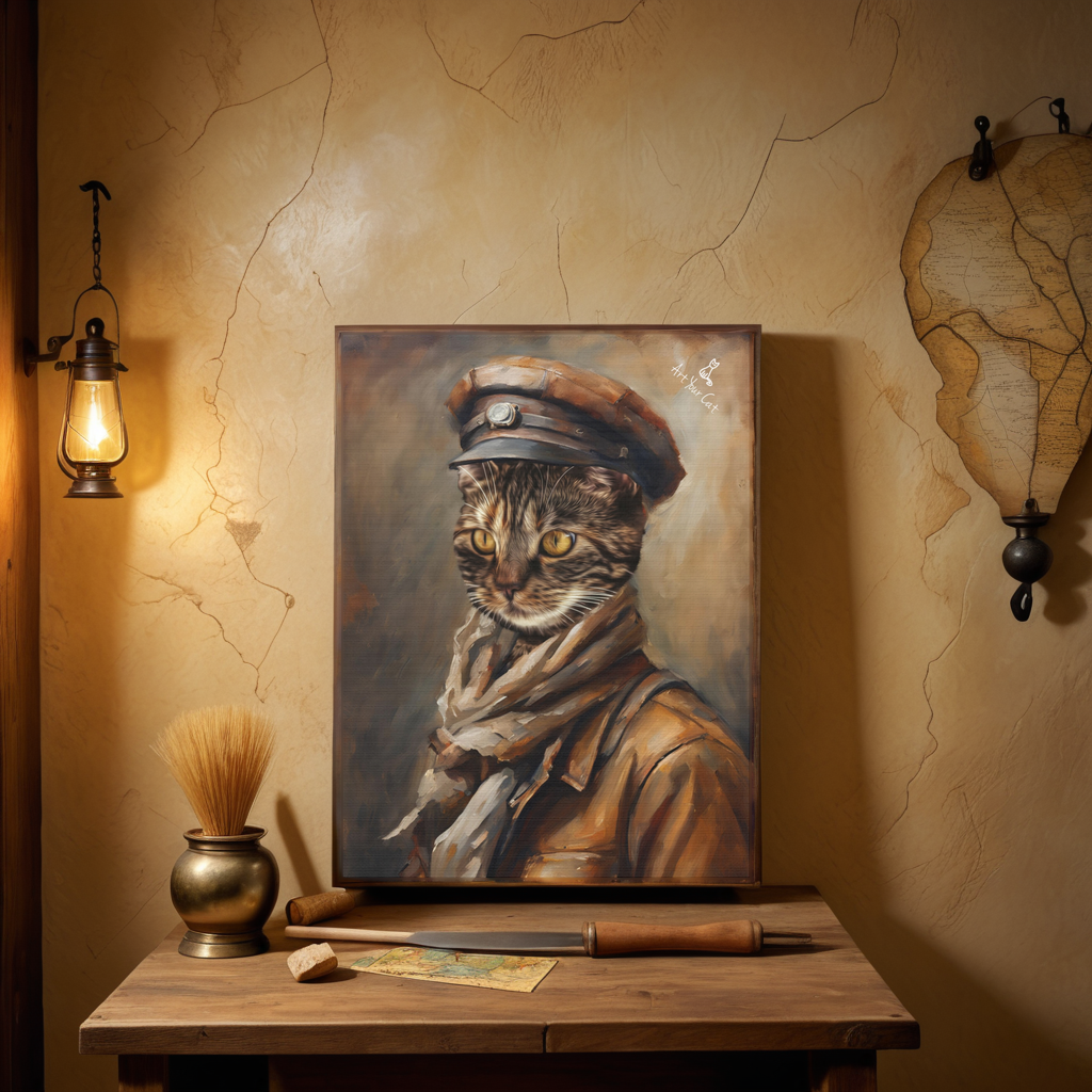 Female Archaeologist Cat Portrait - Custom Artwork of Feline Explorer