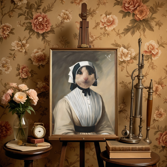 Florence Nightingale cat portrait with nurse uniform and lamp