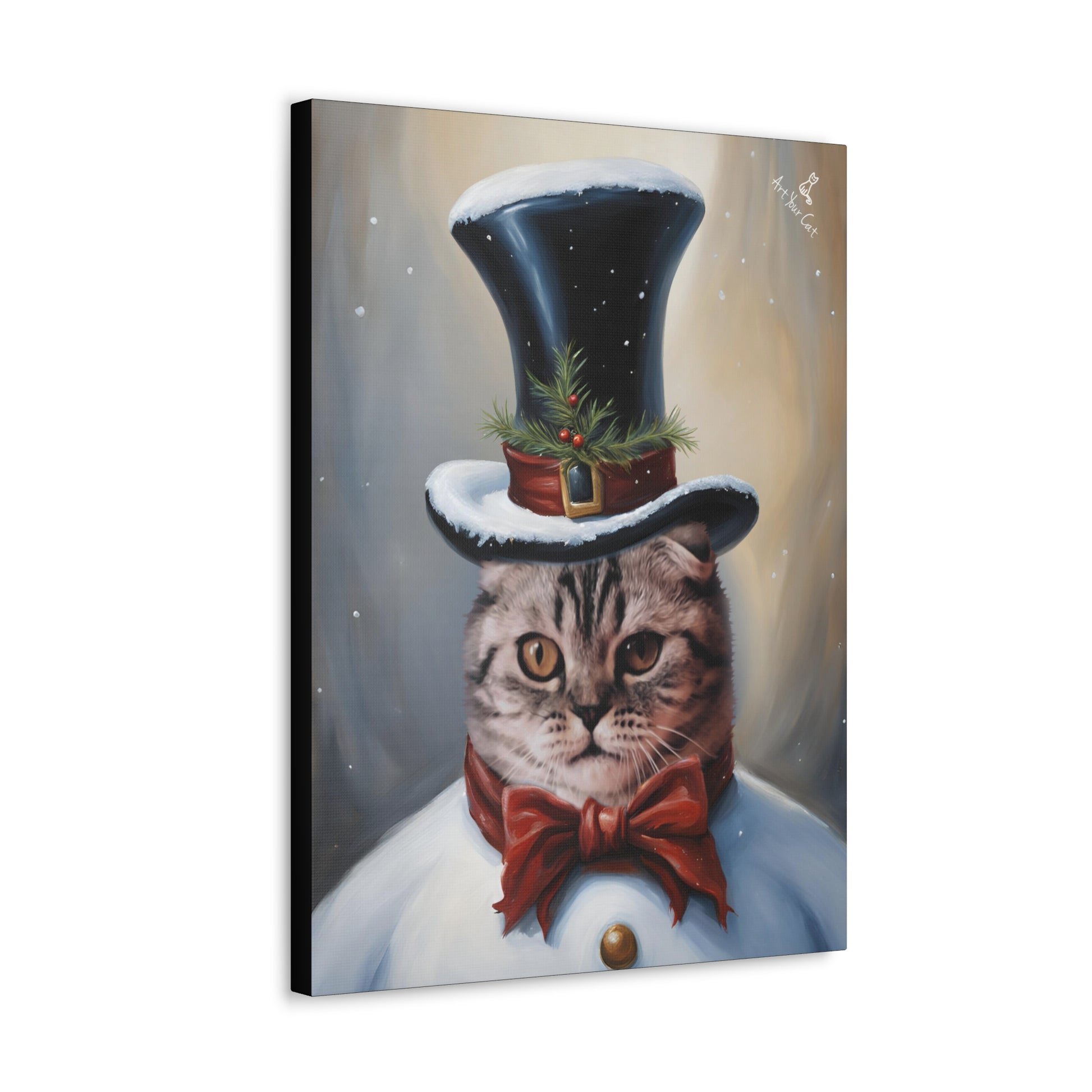 Frosty the Snowman cat portrait on high-quality canvas