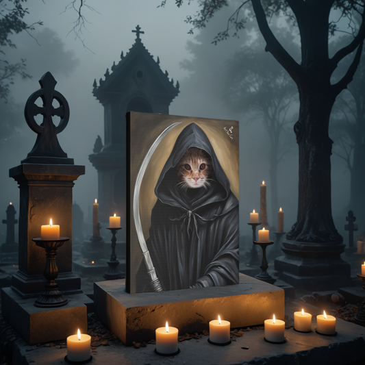 Grim Reaper Cat Portrait with scythe and reaper cloak