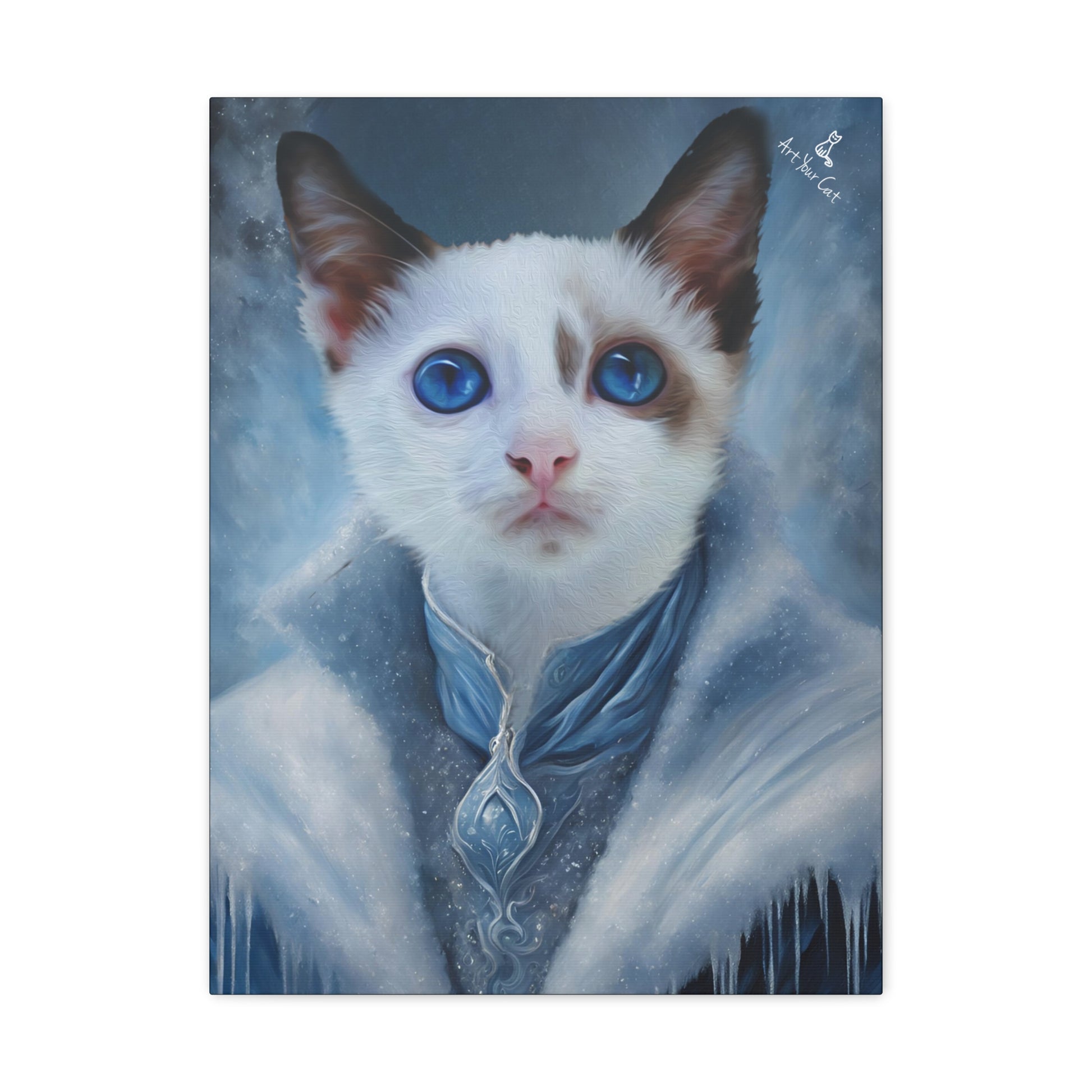 Jack Frost Cat Portrait with feline in winter attire and snowflakes