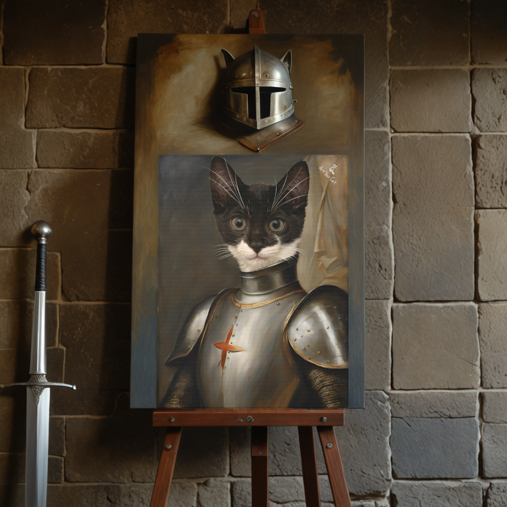 Joan of Arc Cat Portrait with feline in armor, sword, and shield