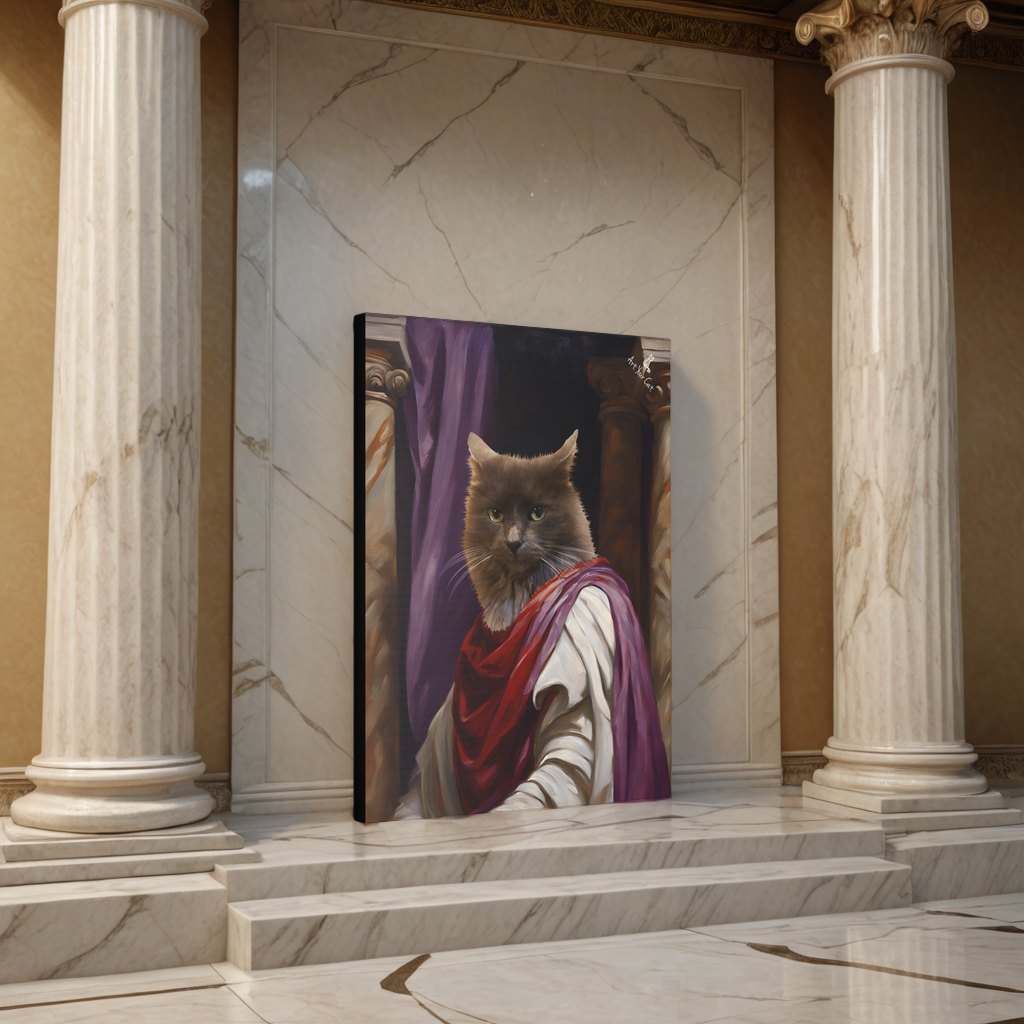 Julius Caesar Cat Portrait with cat in regal Roman attire and laurel wreath