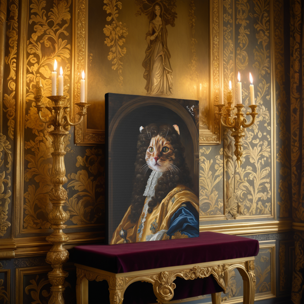 Louis XIV Cat Portrait in royal attire with ornate crown
