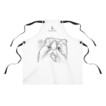 White apron with a black line drawing of a cat's face on a white background