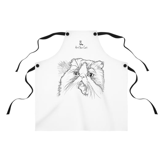 White apron with a black line drawing of a cat's face on a white background