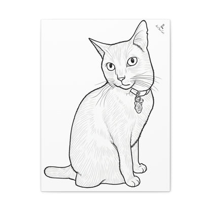 Black and white line drawing of a cat with a collar on a white background