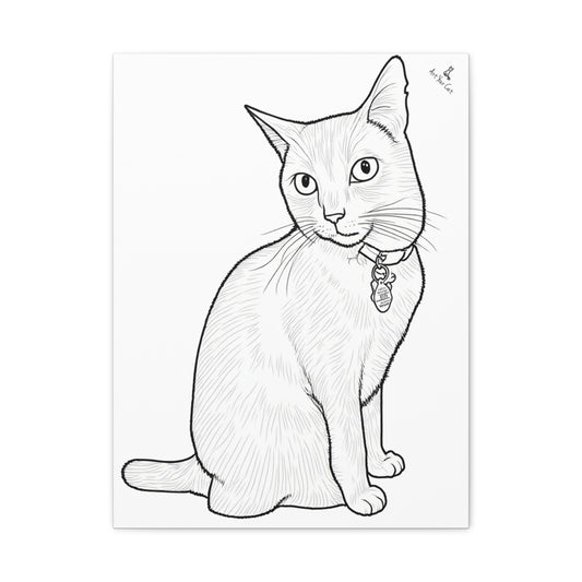 Black and white line drawing of a cat with a collar on a white background