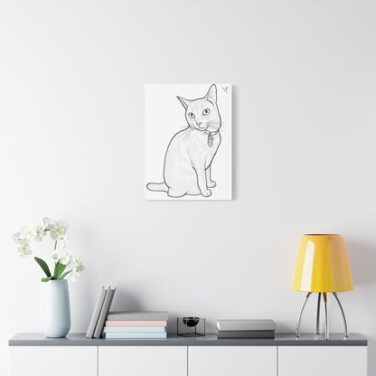 Framed line drawing of a cat on a wall above a shelf with decor items.
