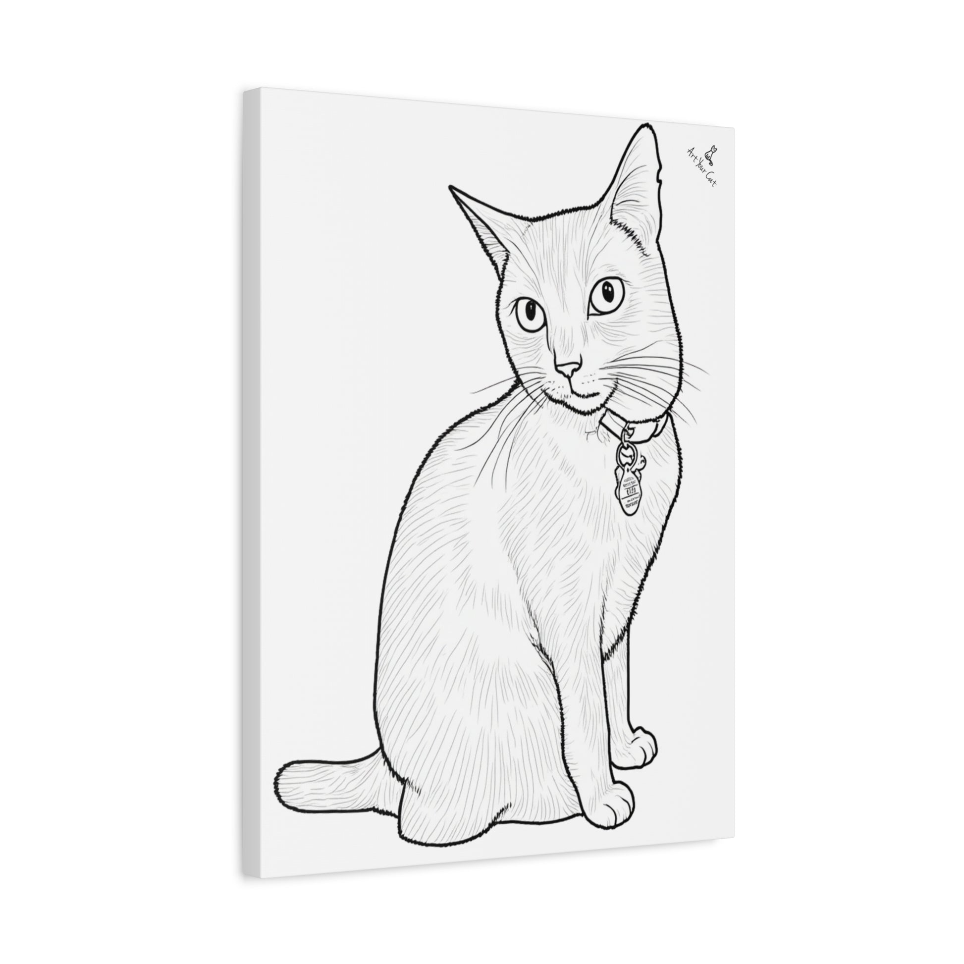 Canvas print with a black line drawing of a cat wearing a collar on a white background