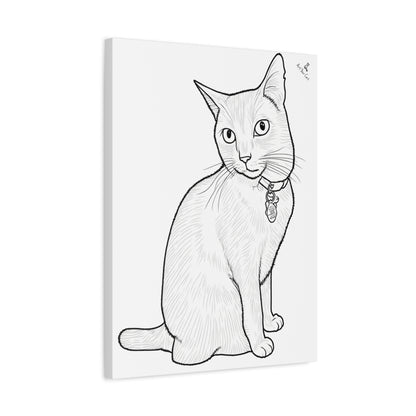 Canvas print with a black line drawing of a cat wearing a collar on a white background