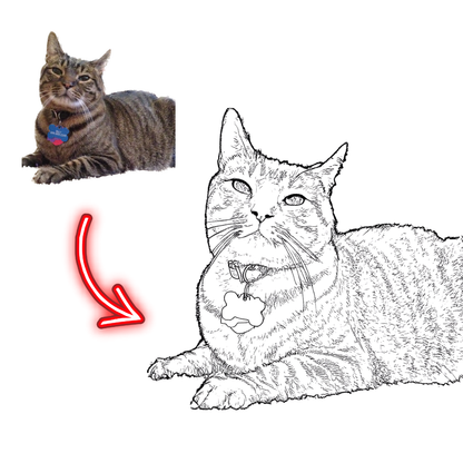 Realistic cat illustration with a red arrow pointing to a cartoonish version of itself.