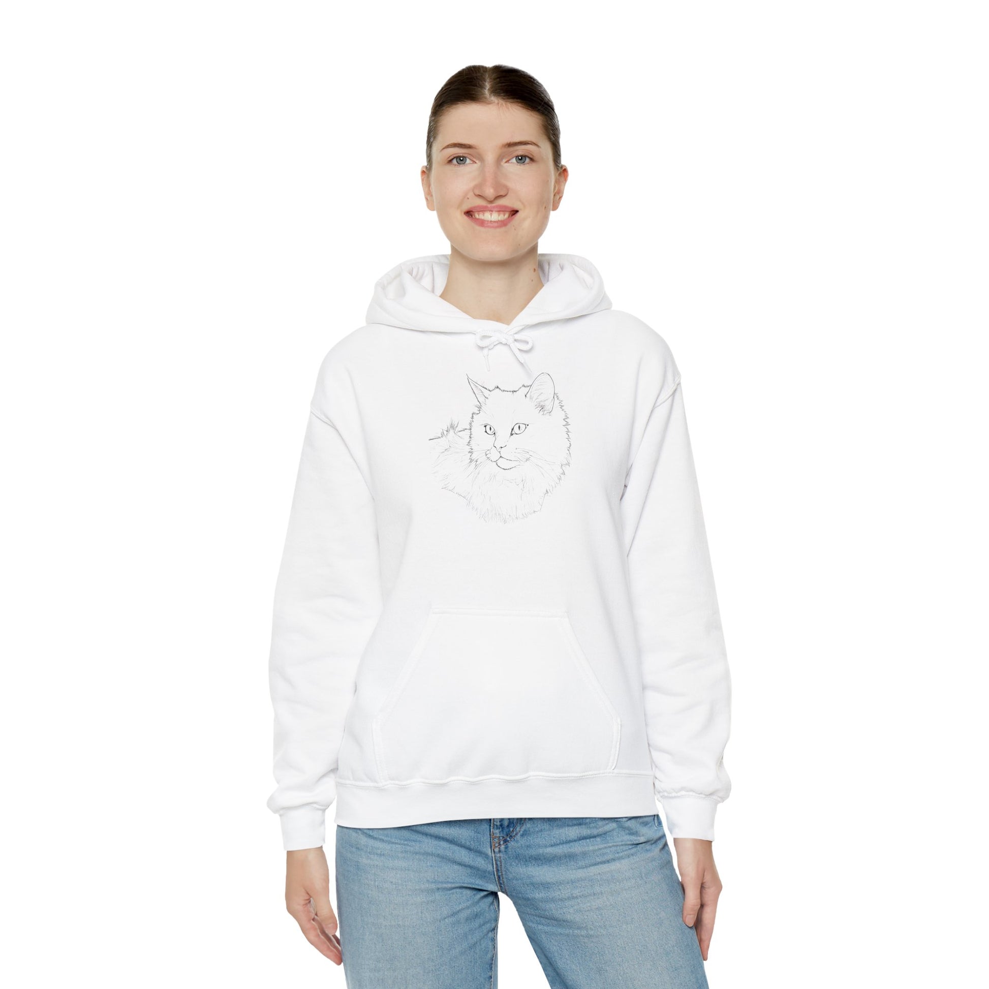 Person wearing a white hoodie with a graphic design on a white background