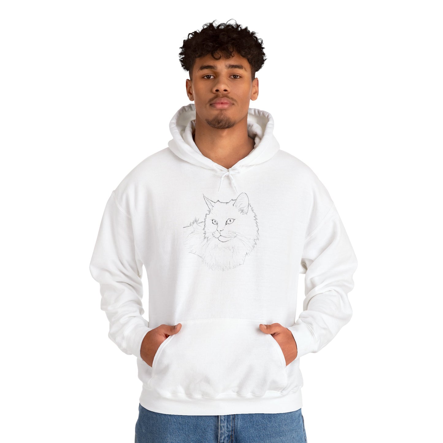 Person wearing a white hoodie with a cat design on a white background
