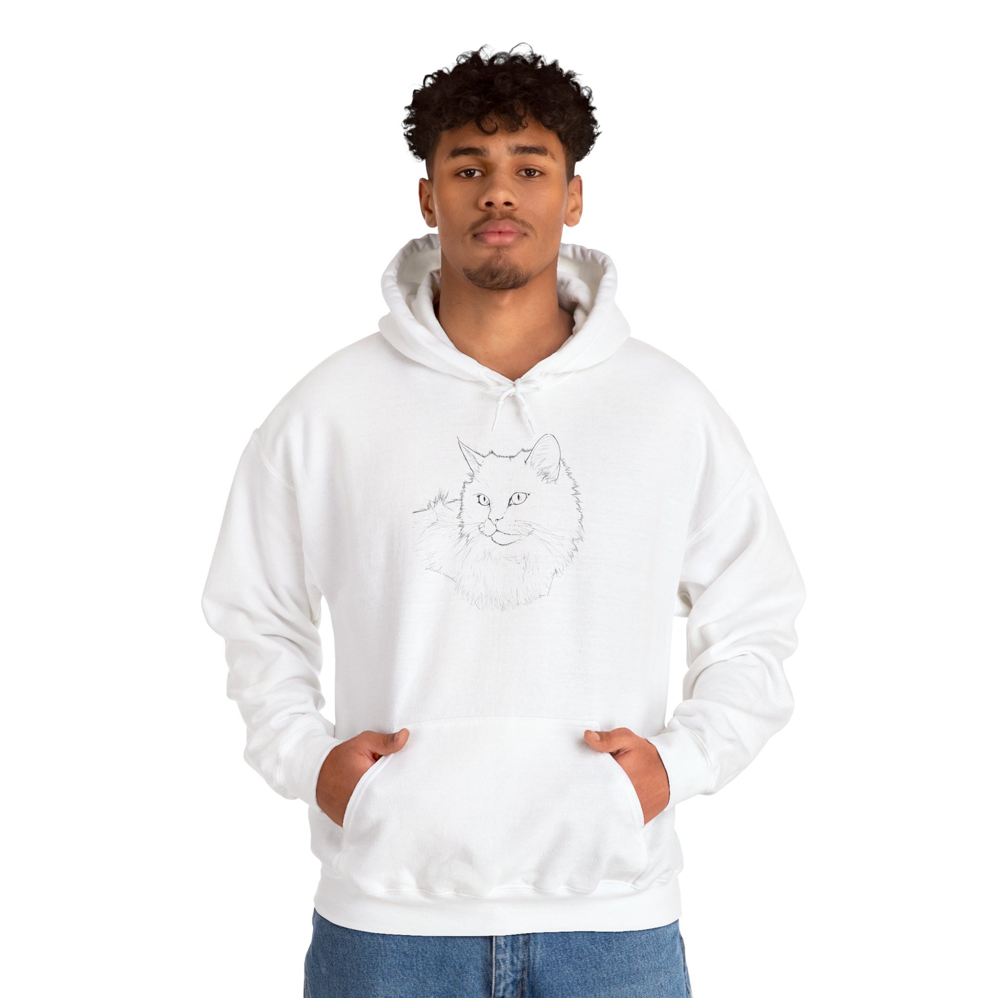 Person wearing a white hoodie with a cat design on a white background