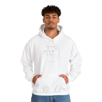 Person wearing a white hoodie with a cat design on a white background