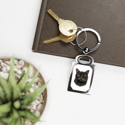 Rectangular key ring featuring a personalized cat design