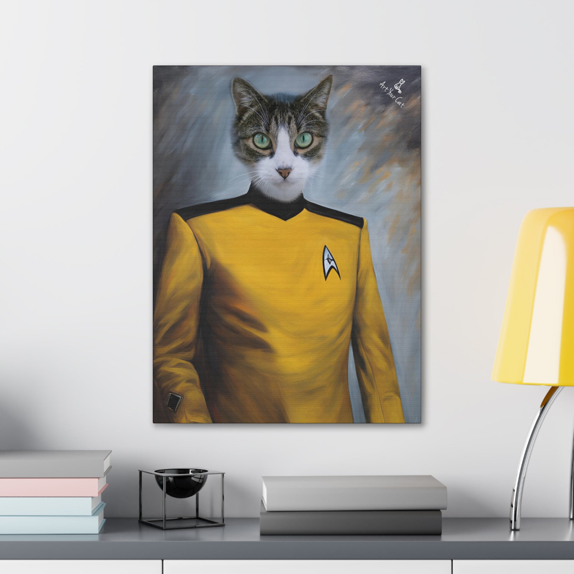 Sci-fi-inspired cat portrait in gold Operations uniform
