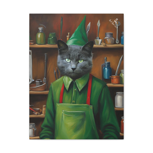 Toy Elf Cat Portrait with Vibrant Holiday Design