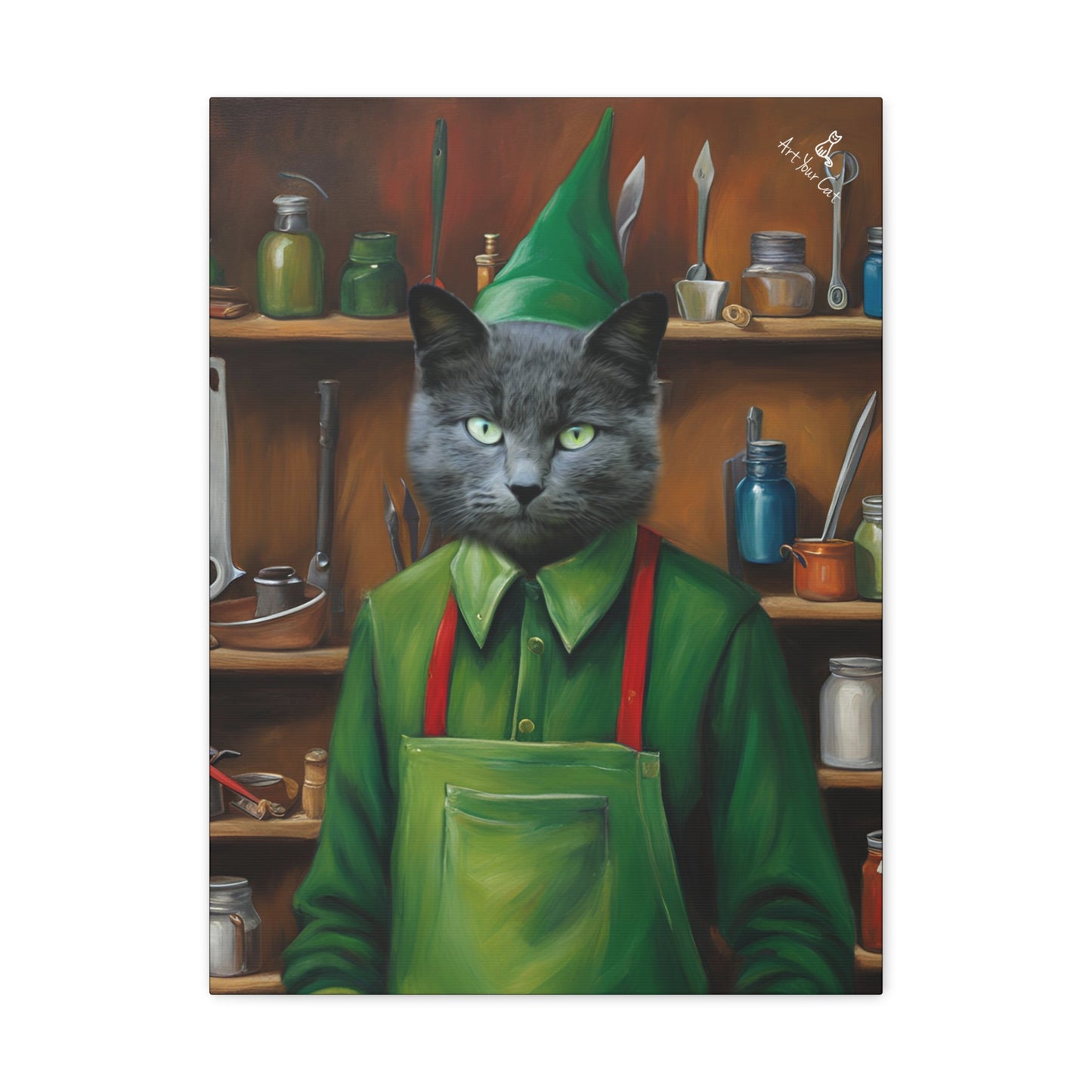 Toy Elf Cat Portrait with Vibrant Holiday Design